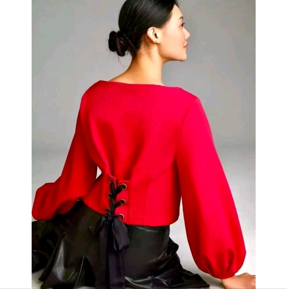 NWT Anthropologie Maeve Corset Puff Sleeve Sweatshirt Tie Back Top Rasberry XS
